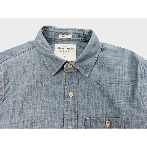 Abercrombie & Fitch Size Small Blue Denim Long Sleeve Logo Tag L/S Muscle Shirt - Picture 5 of 8